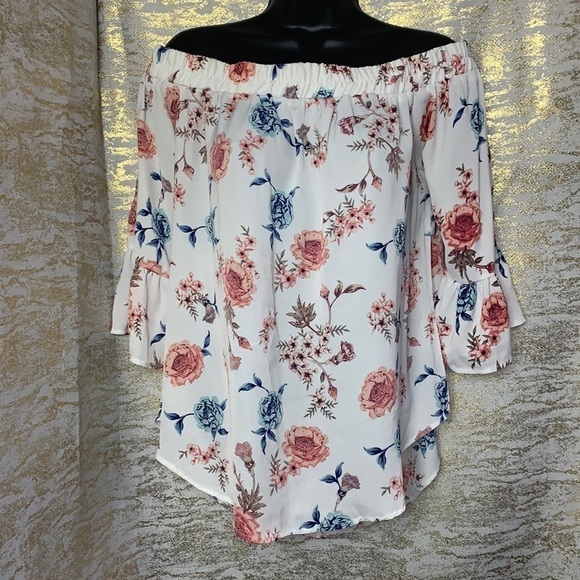 Ardene White Floral Print Bell Sleeve Off The Shoulder Blouse Size M - Picture 2 of 13